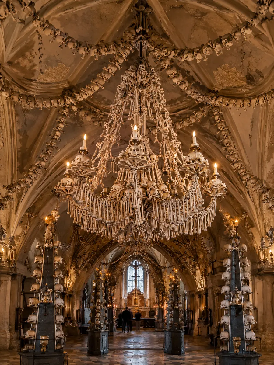 A vaulted chapel lined with bones and skulls under a chandelier made of bones, lit by candles