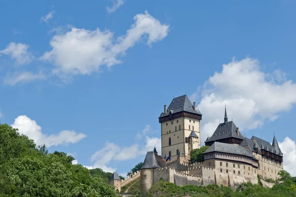 Karlštejn Castle on a wooded hill